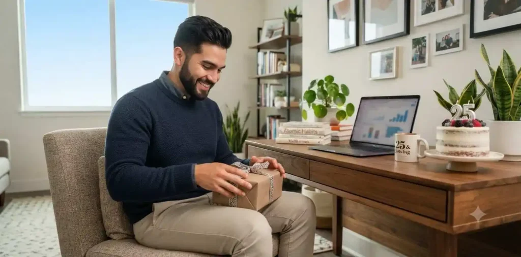 Young professional celebrating twenty-fifth birthday at home office