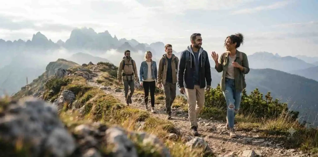 Friends hiking together through scenic mountain trails