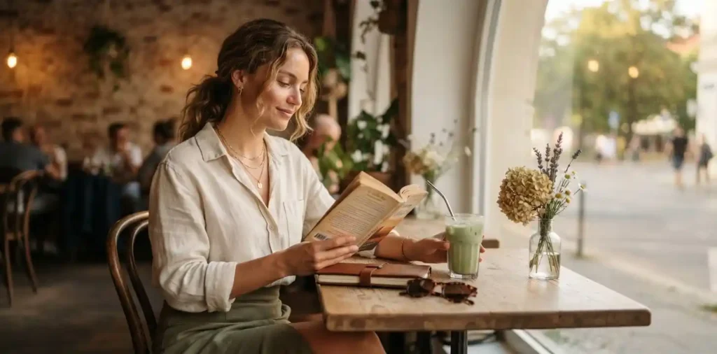 Woman reading by a sunlit cafΓ© window