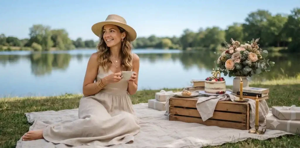 Woman relaxing beside a stylish birthday picnic