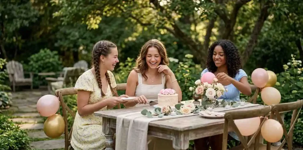 Elegant teenager celebrating birthday with friends