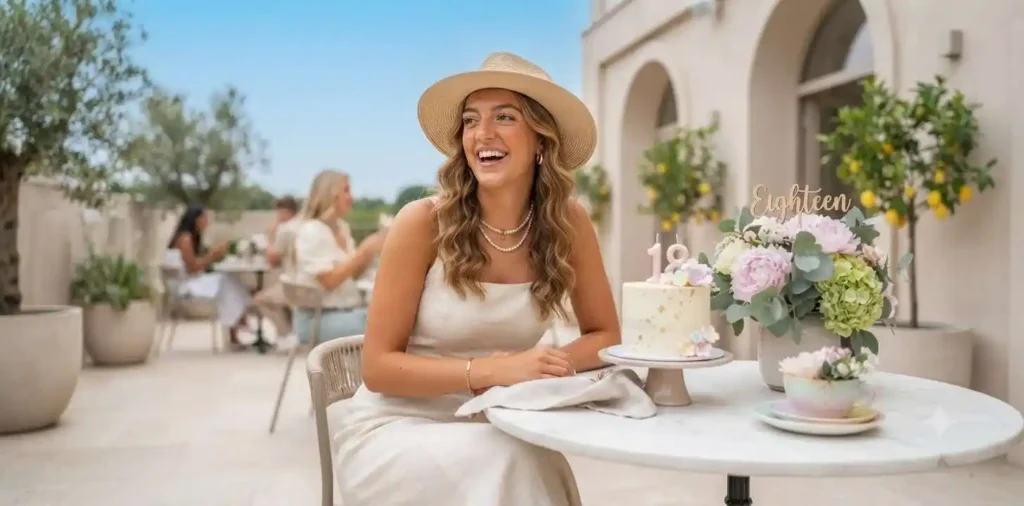 Stylish young woman enjoying elegant birthday celebration