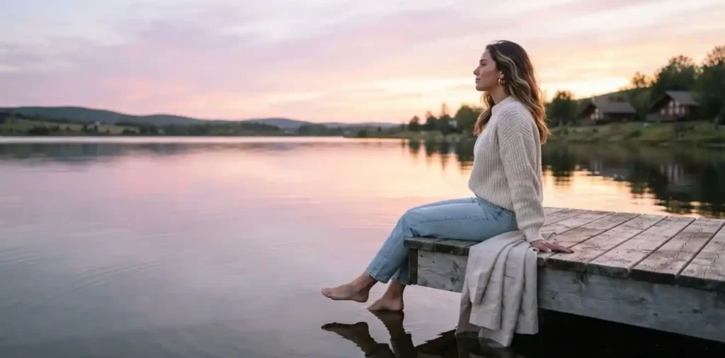 Woman watching a colorful sunset by the water