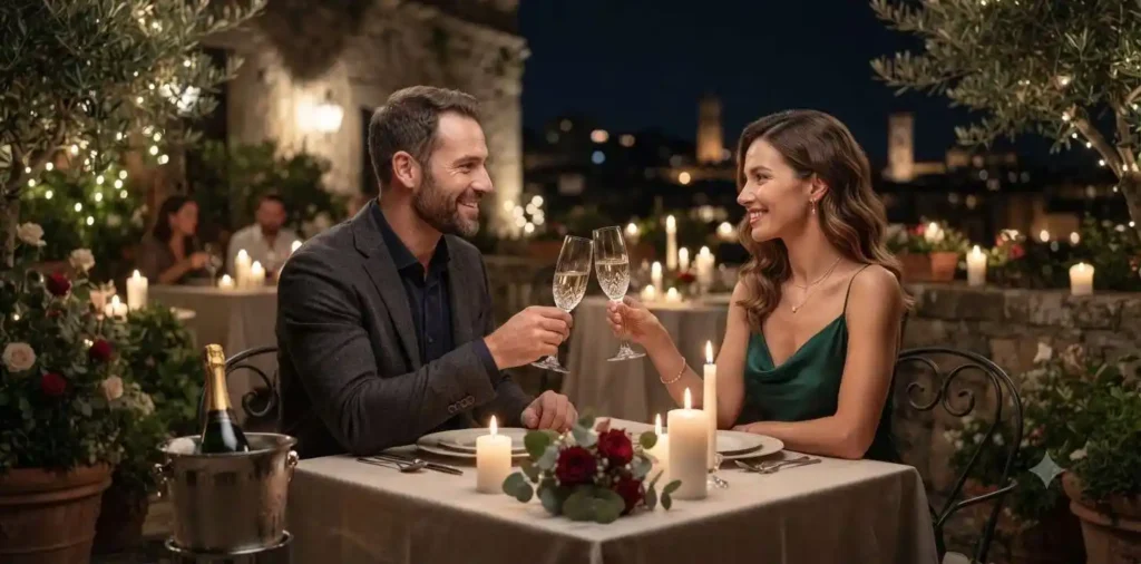 Couple celebrating anniversary at dinner