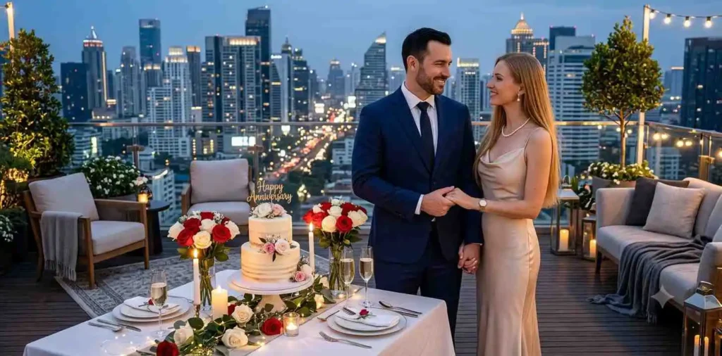 Couple celebrating anniversary beside decorated dinner table