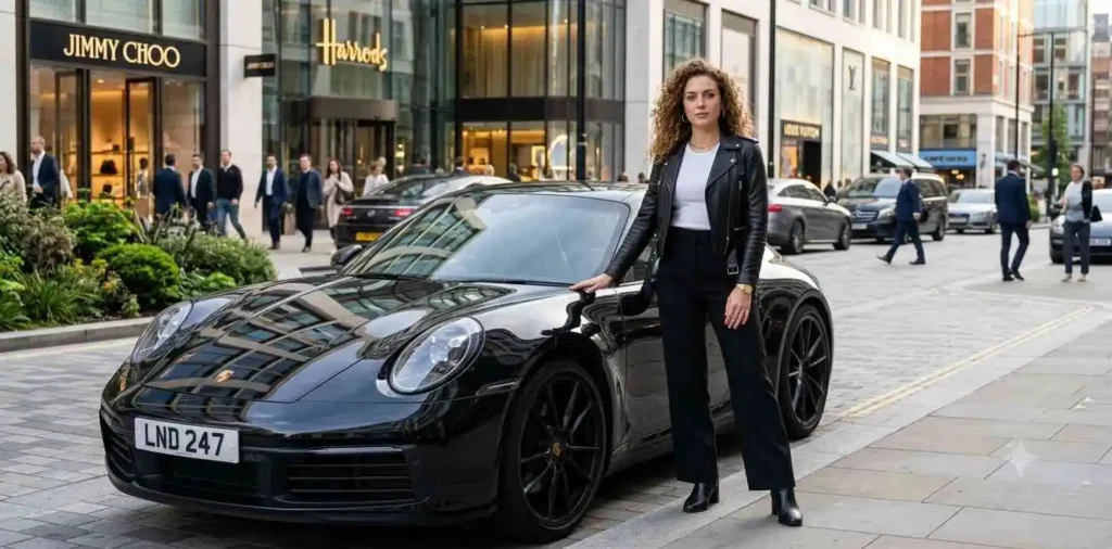 Confident woman standing beside luxury sports car