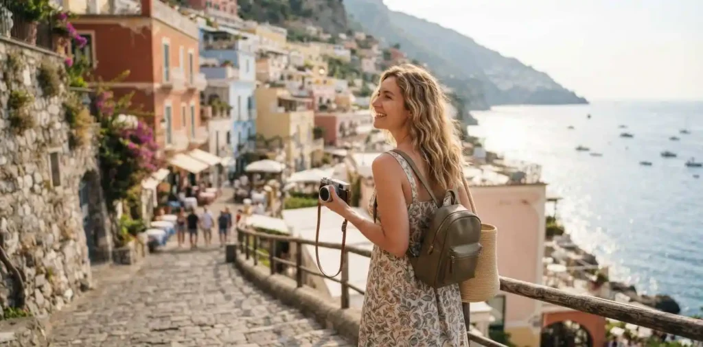 Traveler exploring a scenic coastal town in summer