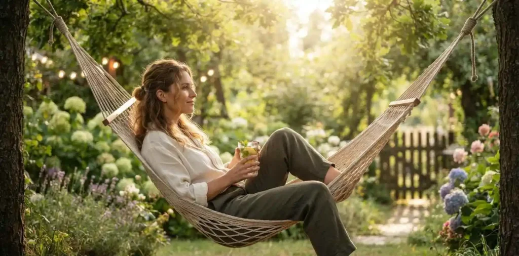 Woman enjoying a peaceful August afternoon outdoors