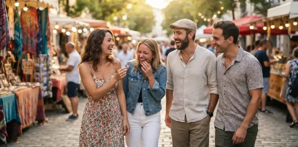 Friends laughing together during a weekend outing