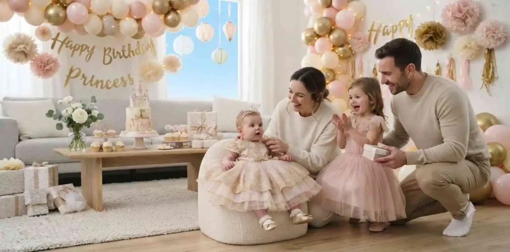 Baby girl wearing a delicate birthday outfit