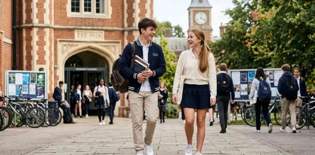 Student walking across campus with backpack