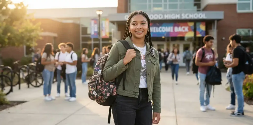 Students smiling together outside school