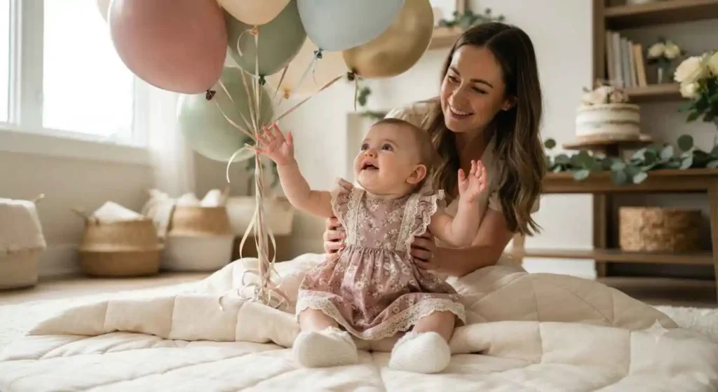 Baby reaching toward balloons at birthday party