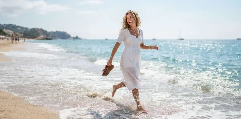 Woman running through shallow waves on a sunny beach