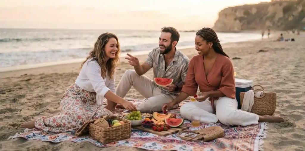 Friends sharing food during a relaxed beach picnic