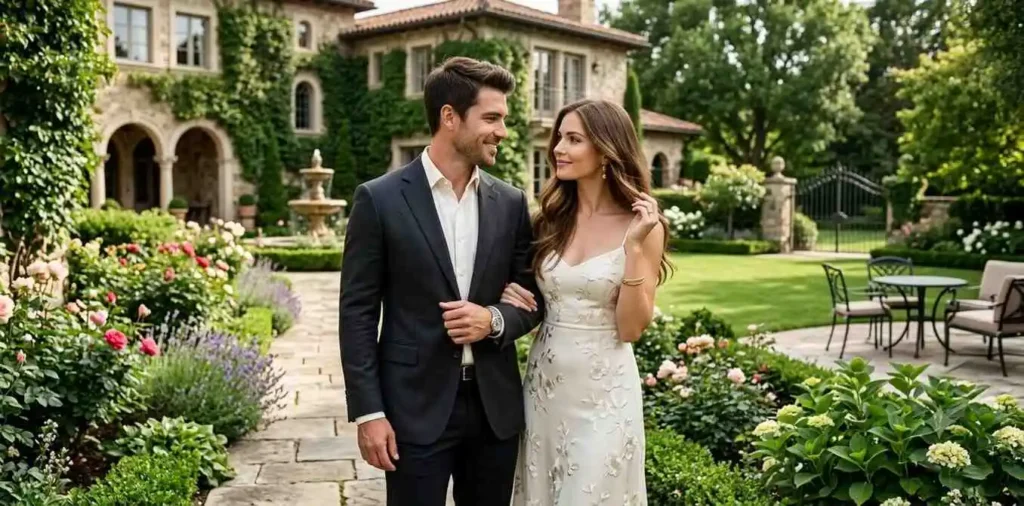 Husband admiring his wife at an elegant garden