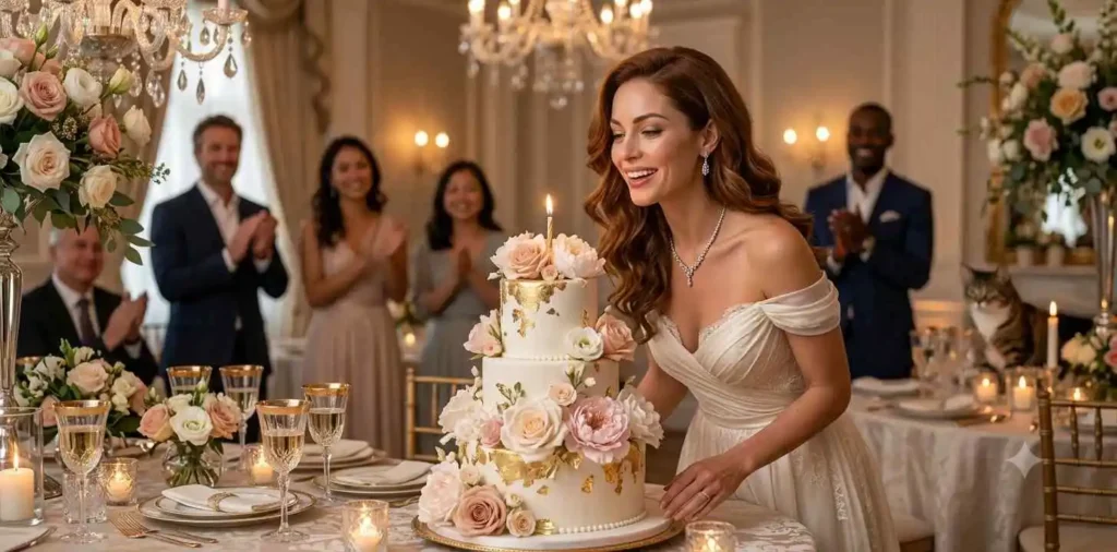 Elegant woman blowing birthday cake candles