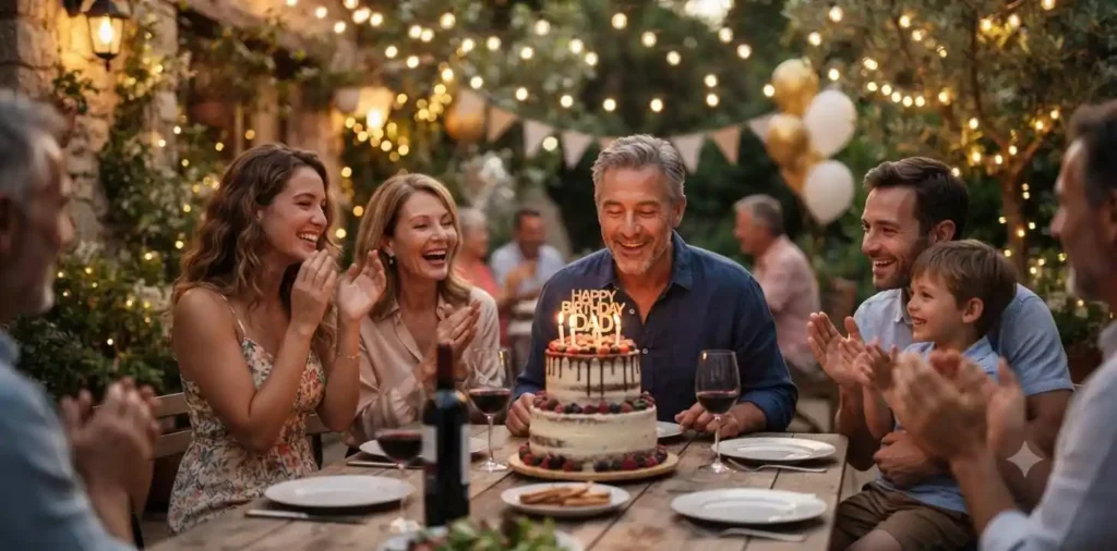 Father blowing out birthday candles with family cheering