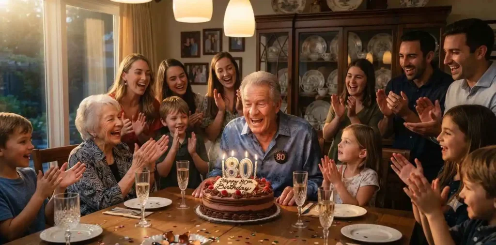 Elderly man blowing candles on birthday cake