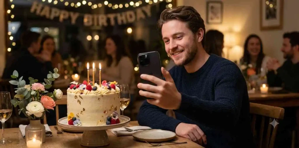 Birthday selfie beside decorated cake