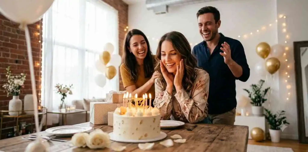 Friends celebrating birthday around a decorated cake