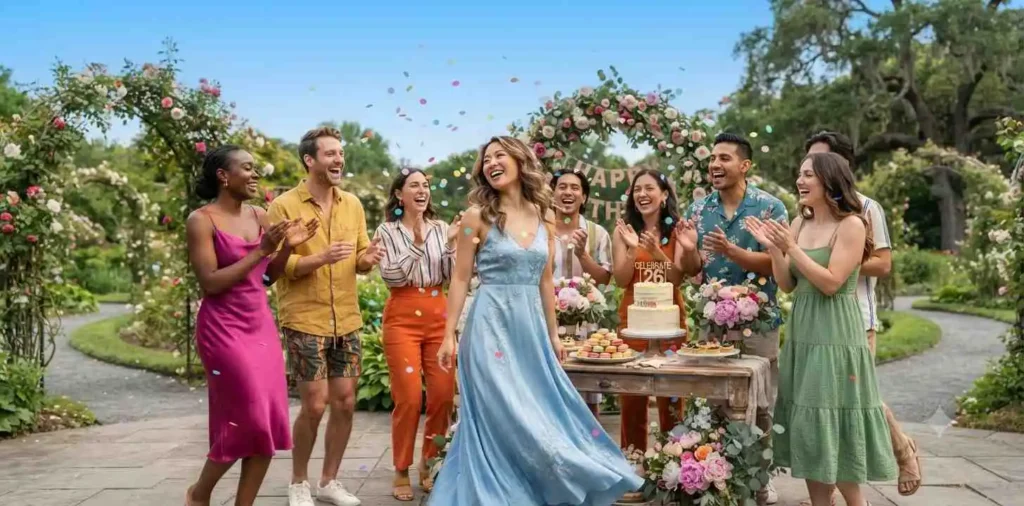 Friends dancing during outdoor birthday celebration
