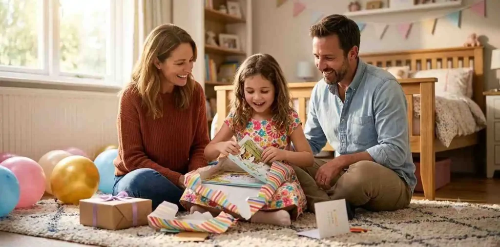 Child excitedly opening a birthday gift