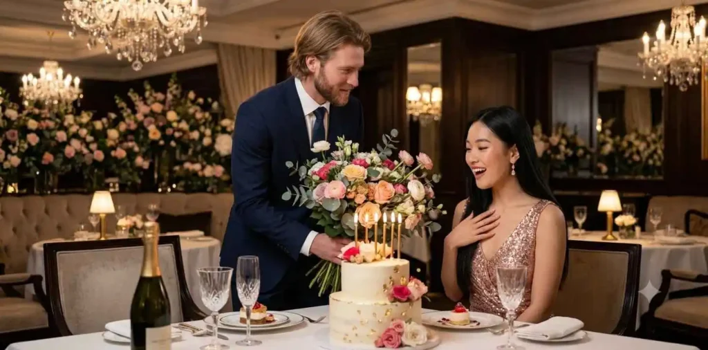 Girlfriend celebrating birthday with boyfriend
