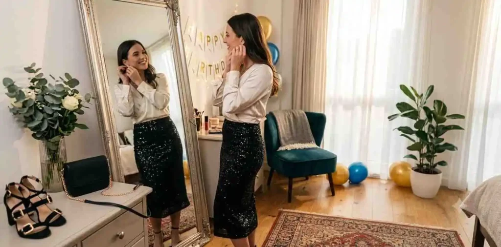Woman showing stylish birthday party outfit