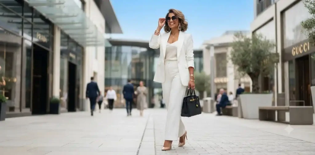 Fashionable woman posing in elegant birthday outfit