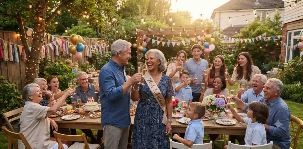 Family celebrating grandfather's 70th birthday party
