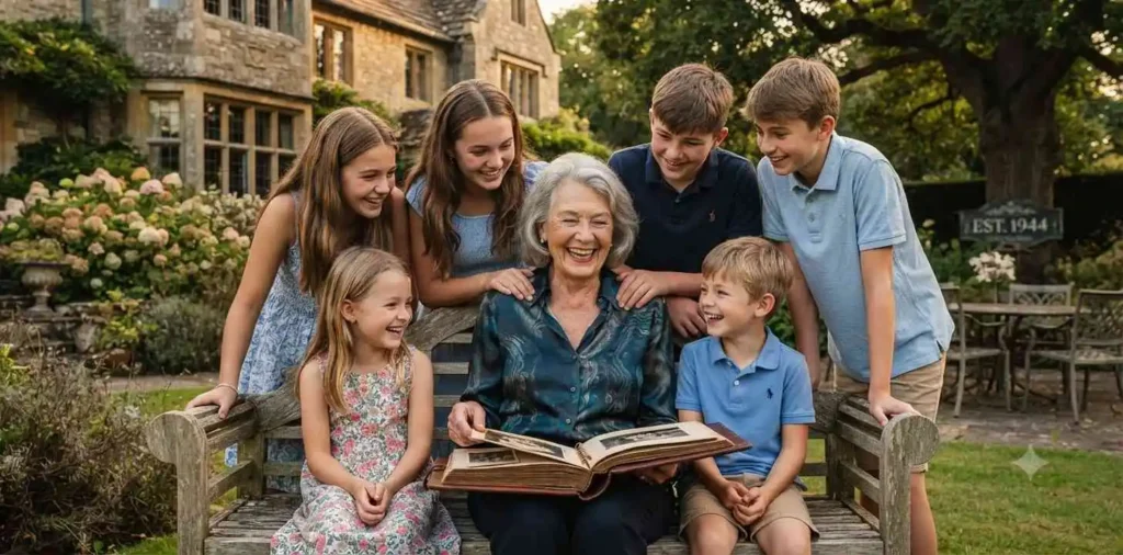 Elderly woman smiling with family at birthday