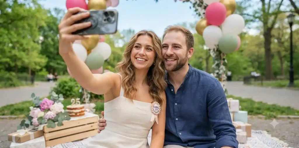 Couple taking birthday selfie outdoors