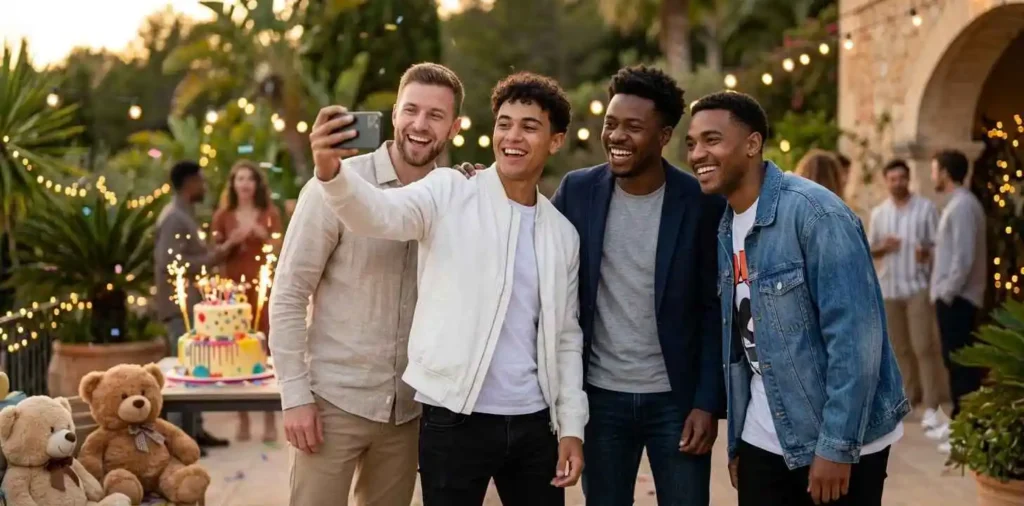 Brother taking birthday selfie with friends