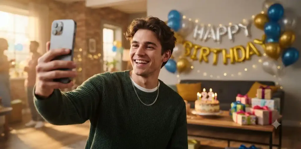 Boy smiling during birthday selfie indoors