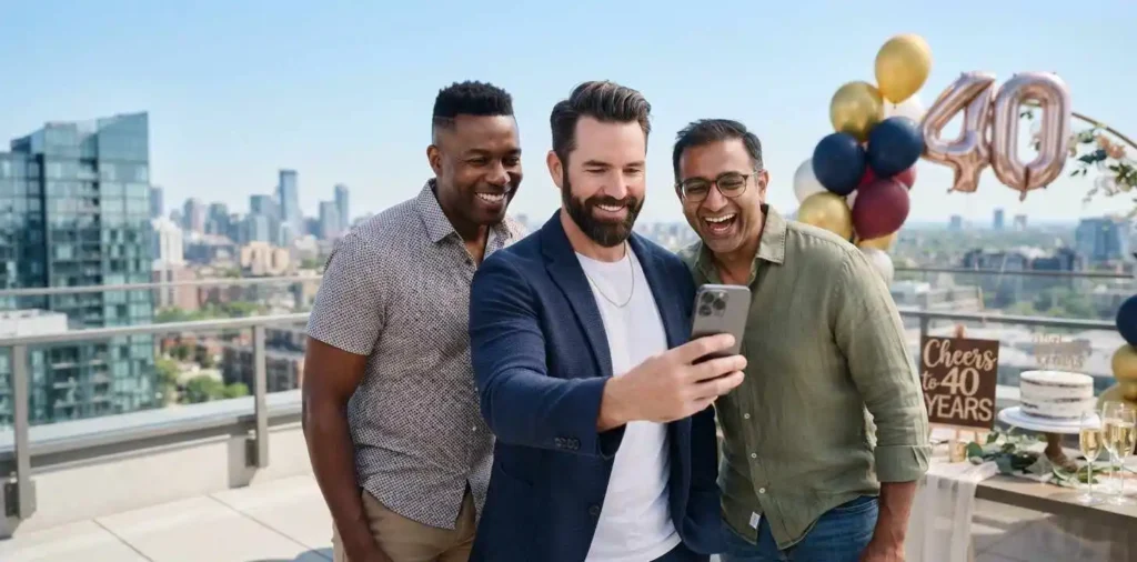 Man taking birthday selfie on city rooftop
