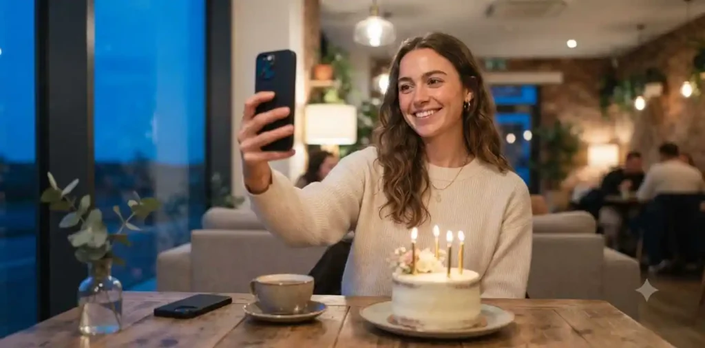 Woman taking a birthday selfie with cake