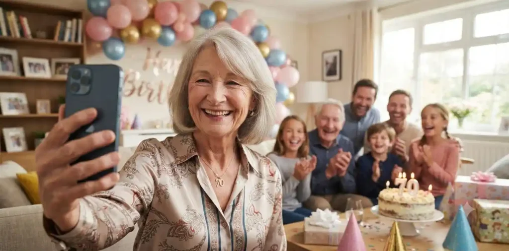 Elderly woman taking selfie at birthday party