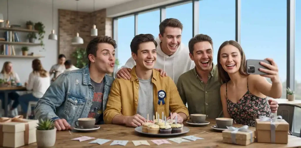 Friends taking birthday selfie inside modern café