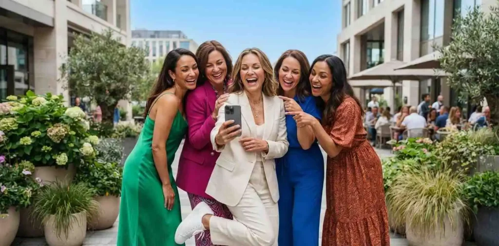 Stylish woman taking birthday selfie downtown