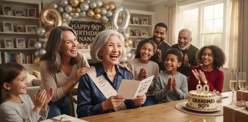 Elderly woman smiling brightly at her birthday celebration
