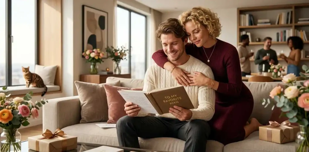 Woman hugging boyfriend with birthday gift