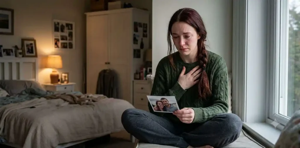 Heartbroken woman holding an old relationship photograph