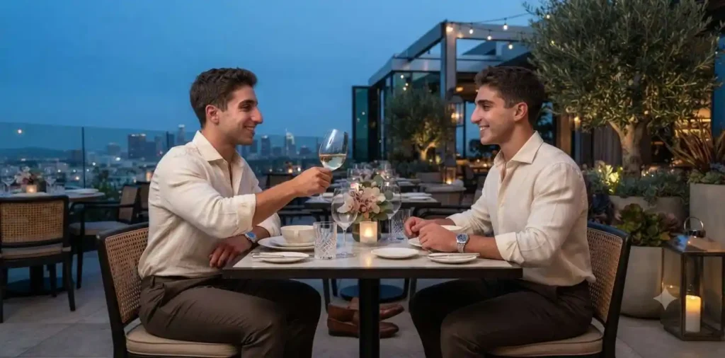 Twin brothers celebrating together at a luxury dinner