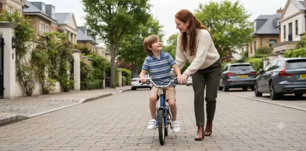 Sister helping her brother ride a bicycle