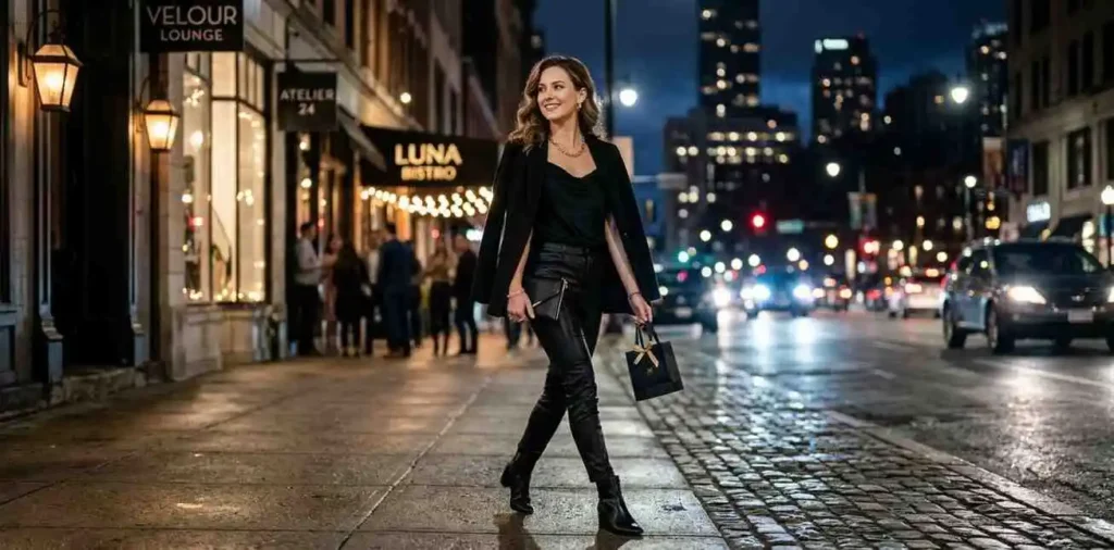 Confident woman celebrating birthday in stylish city setting