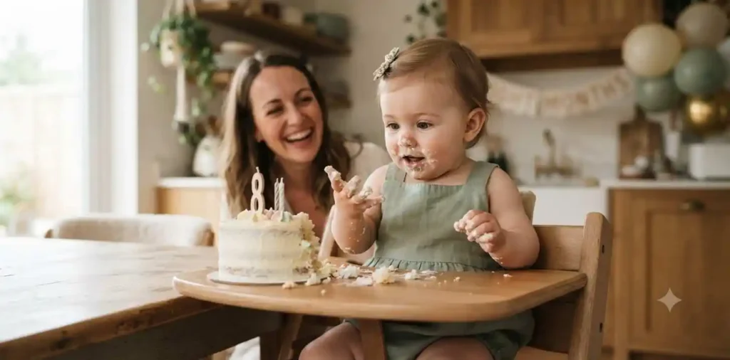 Baby enjoying a playful birthday cake smash