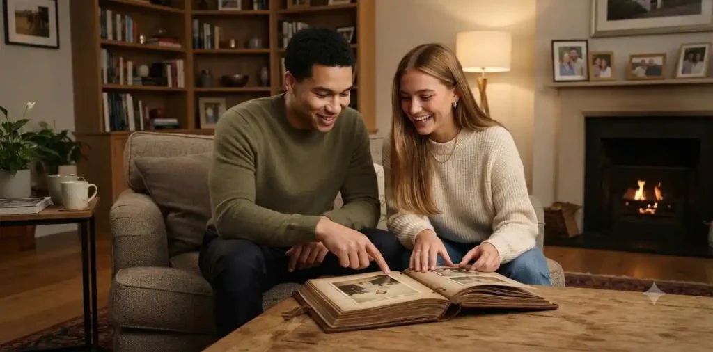 Brother and sister remembering childhood together