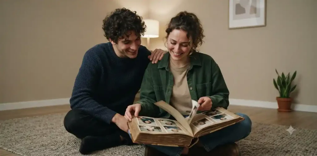 Two friends looking at old photo album together