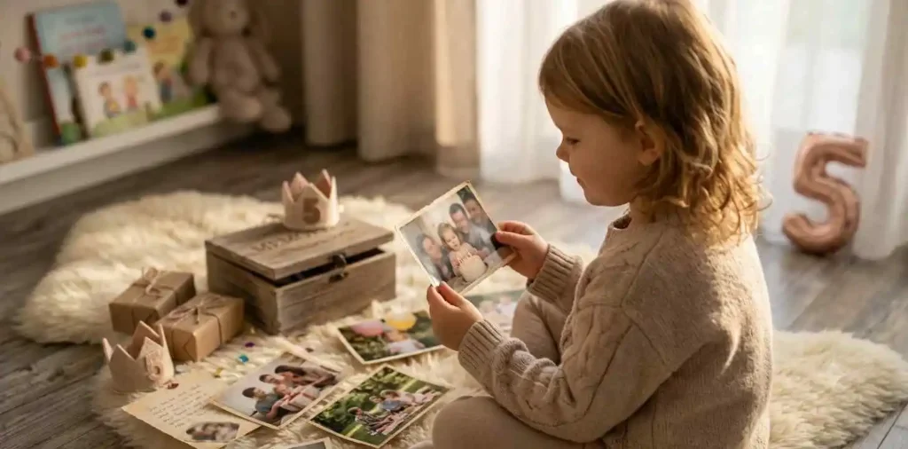 Child looking through old birthday photographs